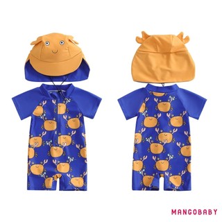 MG-Toddler Bé Trai Rash Guard Đồ Bơi In Hình Cua Tay Ngắn Mock Cổ Zip Bộ Đồ Tắm Có Mũ Bơi