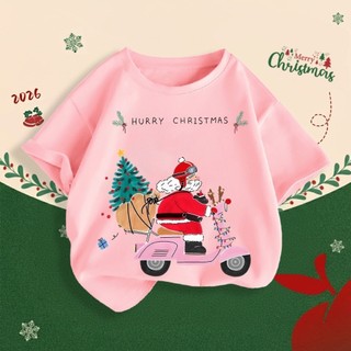Áo thun ngắn tay bé gái in Noel đáng yêu, form rộng, thoáng mát, phù hợp đi chơi dịp lễ