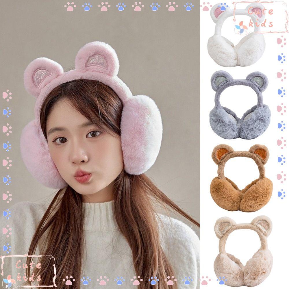 TPKSF98 Bịt tai gấu bằng kim sa lấp lánh, Máy hâm nóng tai sang trọng dày, Dễ thương chống đóng băng có thể gập lại Giữ ấm tai mùa đông cho nữ Cô gái