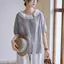 Cổ áo búp bê bằng vải lanh Cotton dáng rộng cỡ lớn nhuộm sợi hai lớp Áo sơ mi ngắn tay xếp ly hai lớp