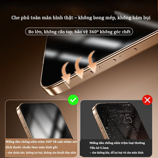Kính cường lực iPhone 360° chống nhìn trộm tự dán không bụi không bọt khí 9H cho iPhone 11 12 13 14 15 16 17 Pro Max