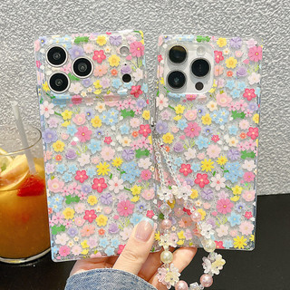 Ốp điện thoại Acrylic vuông chuỗi hoa đầy màu sắc lấp lánh cho iPhone 17 Pro Max 16 15 Pro Max Vỏ bảo vệ chống sốc