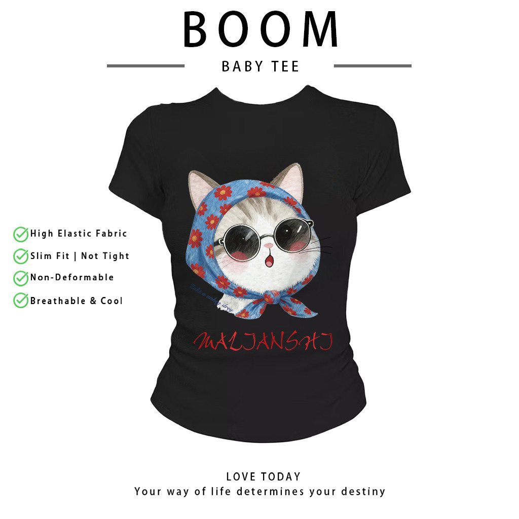 BOOM Áo Baby Tee Nữ Cotton Ôm Body-Áo Thun Ngắn Tay Y2K In Hình PhongCách Mùa Hè, Cổ Tròn Hàng Đầucách hàn quốc phongC37