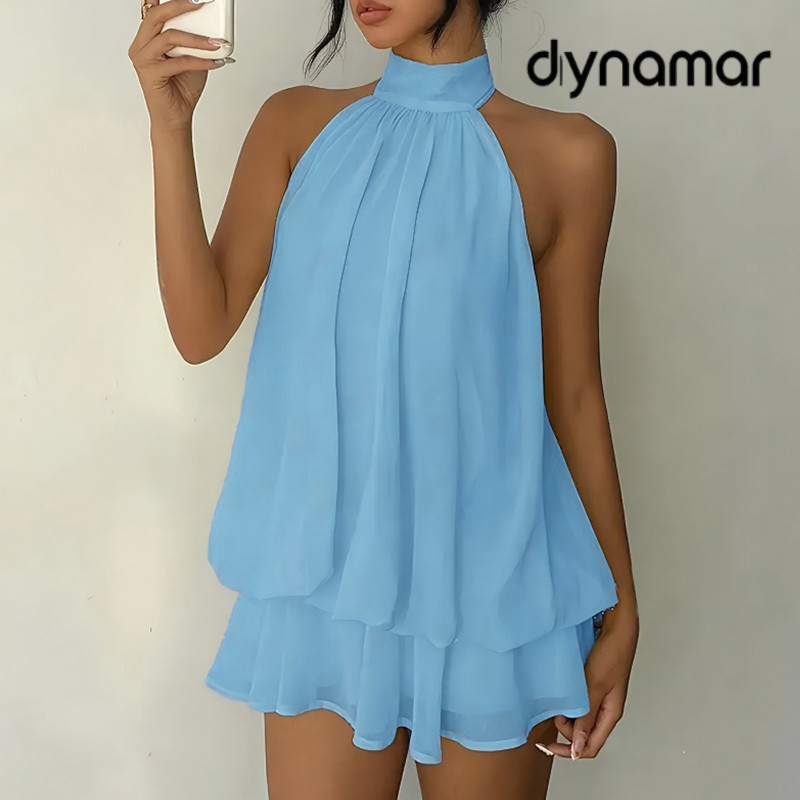 【dynamar】Đầm ngắn cổ yếm không tay phồng hở lưng gợi cảm thiết kế thắt nơ ôm sát