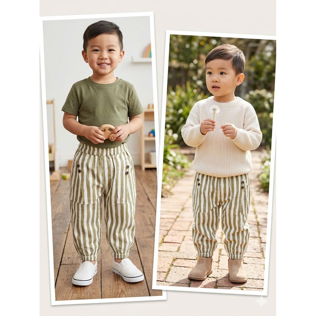 QCCC Quần bo gấu  mỏng bé trai bé gái phong cách hàn quốc có túi mềm mát sọc karo 2456 Chip & mom