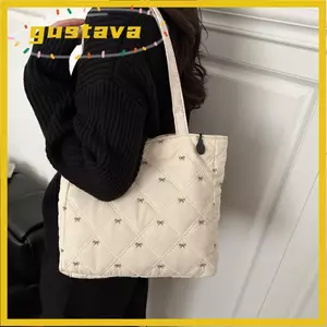 Túi Tote chần bông GUSTAVA, Túi đeo vai thêu nơ họa tiết Argyle, Túi xách dung tích lớn màu trơn nhẹ