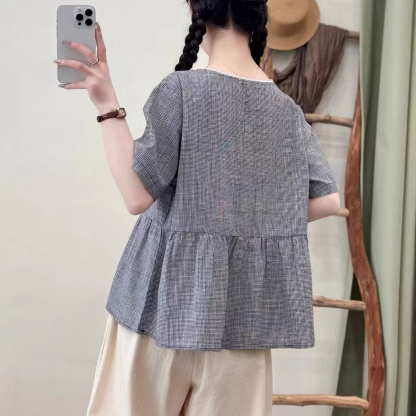 [Sẵn Sàng] Áo Sơ Mi Nữ Sợi Cotton Cao Cấp Mùa Hè Mới Ren Kẻ Sọc Hàn Quốc Cổ Tròn Tay Ngắn Rời Áo Sơ Mi Thường Ngày