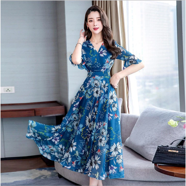 Váy dài qua gối họa tiết hoa mùa hè dành cho nữ, váy in họa tiết, váy ngắn tay cổ chữ V dài vừa phải, váy chữ A tay chuô