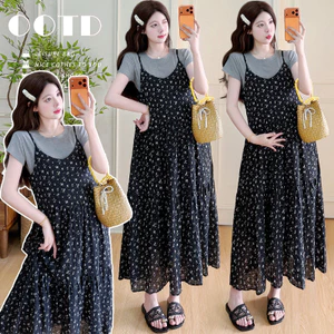 Bộ đồ bà bầu Váy đeo hoa mùa hè + Bộ đồ hai mảnh ngắn tay thông thường