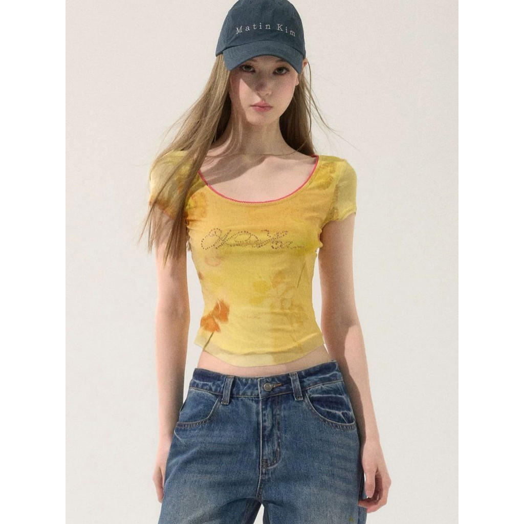 Milyfashion Phiên Bản Hàn Quốc Mùa Hè 2026 Phong Cách Mới Cổ Chữ U Lớn Màu Sắc Tương Phản Kim Cương Ren In Slim-fit Áo Thun Tay Ngắn Mỏng Ngắn Top TULU