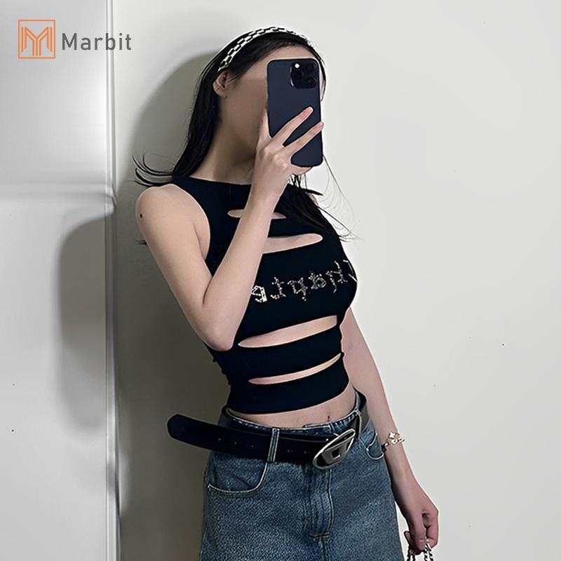 Marbit Nữ Thời Trang Y2K Dạo Phố Thời Trang Không Đều Rỗng Ra Cổ Tròn Gợi Cảm Chặt Tay Crop Tank Tops Mới
