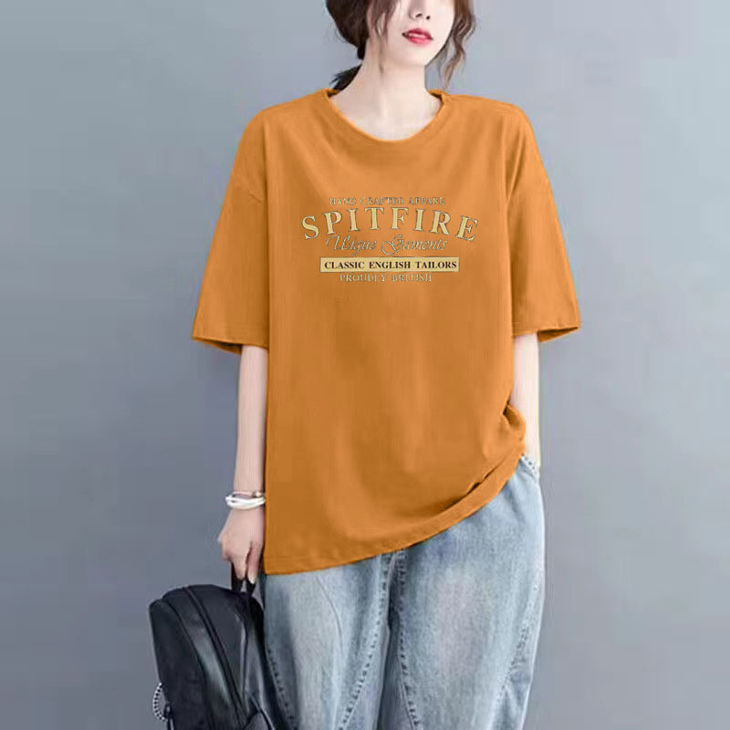 Áo thun bông cotton ngắn tay dành cho nữ, thiết kế cổ tròn dáng rộng, thời trang mùa hè