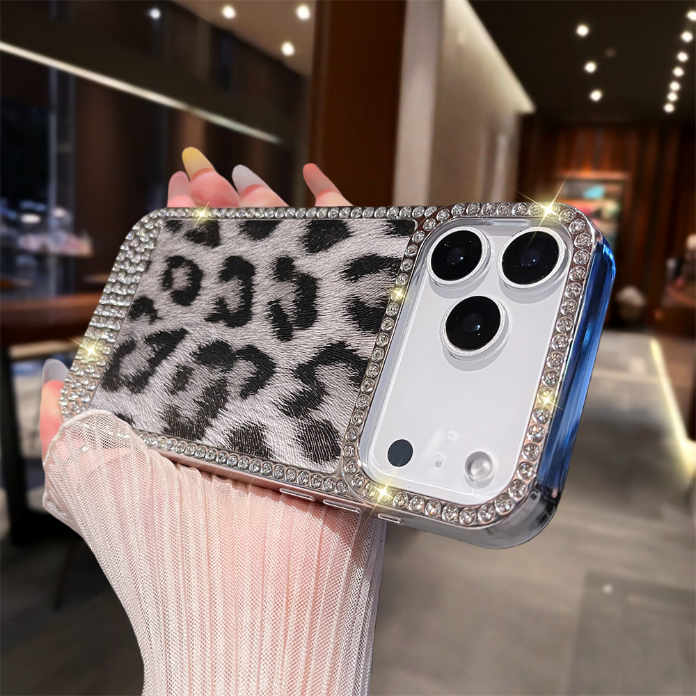 Ốp điện thoại họa tiết da báo Flash Diamond cho iPhone 17 Pro Max 13 14 15 16 Pro Max Bảo vệ ống kính chống rơi Vỏ mềm bảo vệ điện thoại