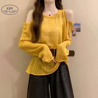 Áo thun dài tay thời trang rời vai, dệt kim, cổ tròn, có thắt lưng