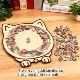 Bộ ghép hình mèo 135 mảnh gỗ – Mảnh ghép độc đáo không đều – Khung hình mèo – Trang trí nhà, quà tặng, thư giãn sáng tạo
