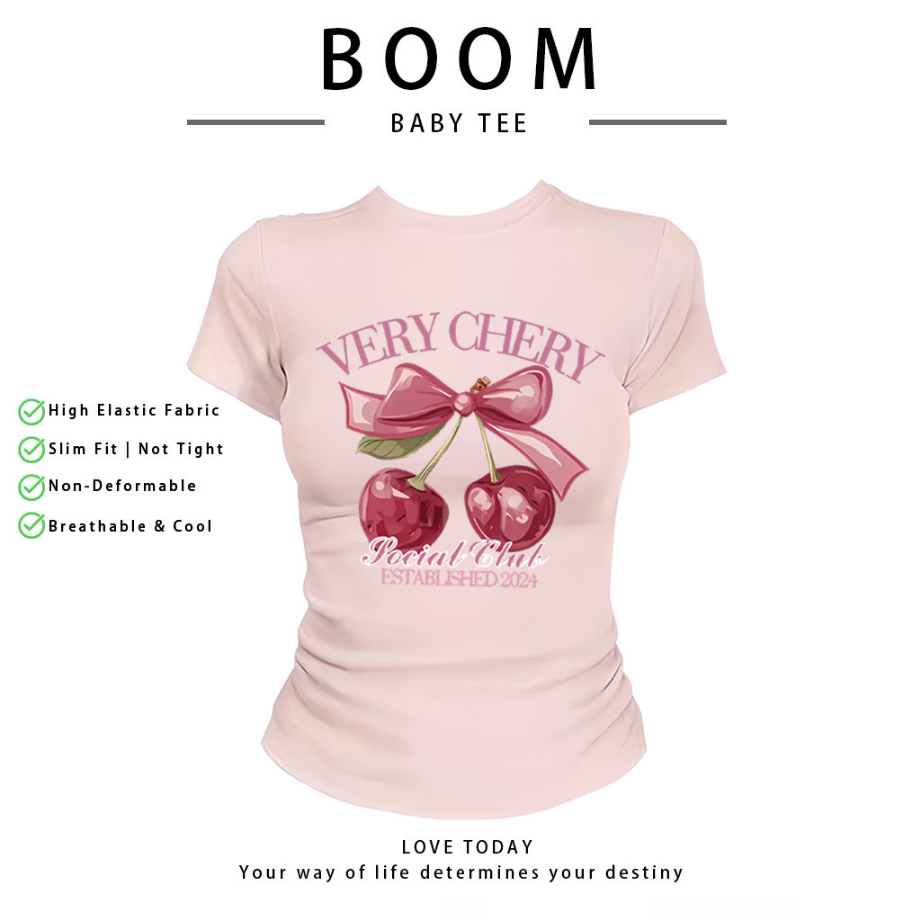 BOOM Áo Baby Tee Nữ Cotton Ôm Body-Áo Thun Ngắn Tay Y2K In Hình PhongCách Mùa Hè, Cổ Tròn Hàng Đầucách hàn quốc phongC39