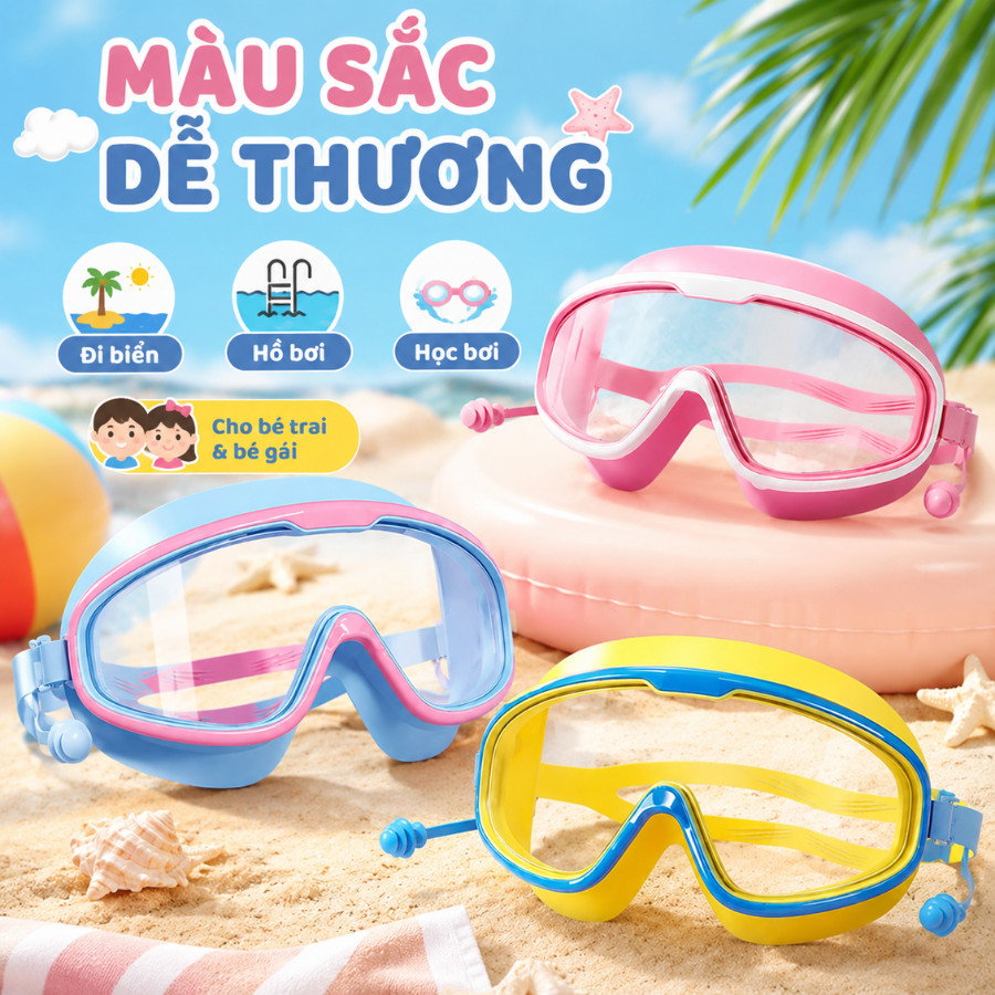 Kính Đi Bơi Cho Bé Mắt Rộng, Kính Bơi Trẻ Em Dây Đeo Co Giãn, Phụ Kiện Bơi Lội Đi Biển Nhiều Màu