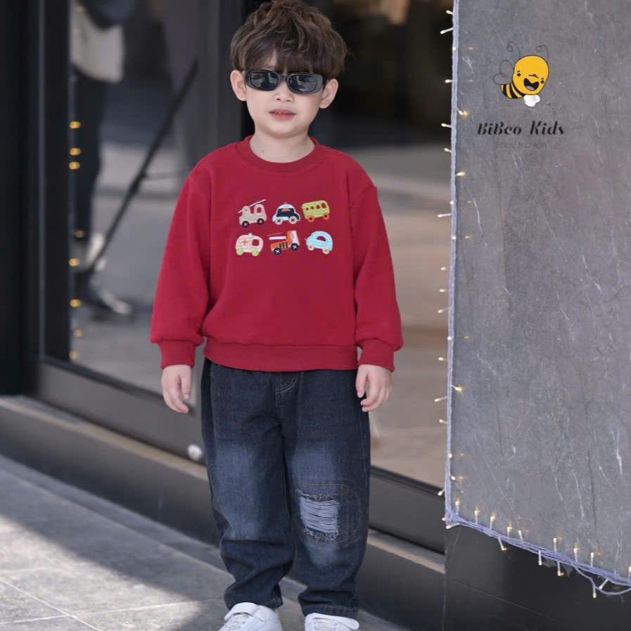 [BiBeo Kids] ÁO NỈ LÓT LÔNG NHUNG THÊU HÌNH Ô TÔ  cho bé trai, bé gái. Áo nỉ lót lông nhung