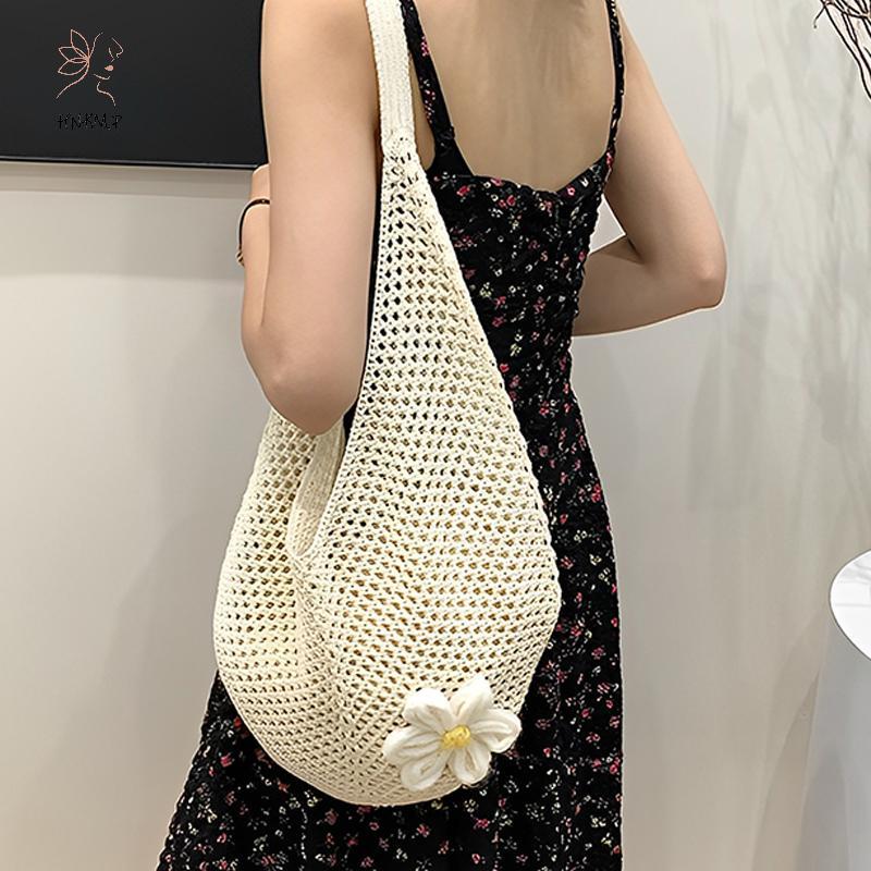 Túi bện nữ HNKMP Túi Tote đeo vai phong cách Hàn Quốc Phong cách lười biếng Túi đi biển hoa rỗng dệt kim.