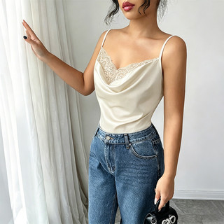 Nova-Áo tank top không tay phối ren satin dành cho nữ, cổ chữ V, dáng ôm, thời trang và gợi cảm.