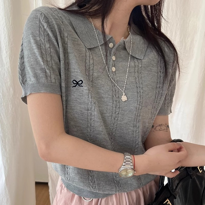【dynamar】Áo Thun Cổ Bẻ, Áo Len Polo Tay Cộc Phối Thêu Nơ Nổi Siêu Xinh Vặn Thằng Sang Trọng Chất