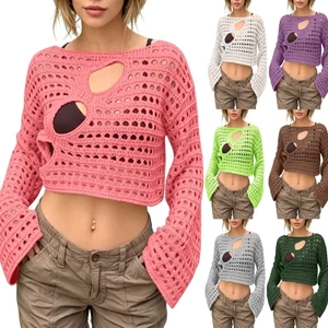 BTF Nữ Bohemian Móc Crop Rách Rỗng Ra Đi Biển Che Lên Tay Dài Shrug Áo Len Rời