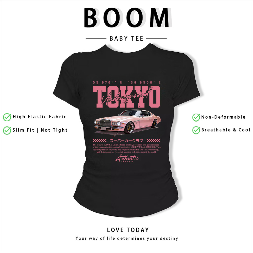 BOOM Áo Baby Tee Nữ Cotton Ôm Body-Áo Thun Ngắn Tay Y2K In Hình PhongCách Mùa Hè, Cổ Tròn Hàng Đầucách hàn quốc phongC73