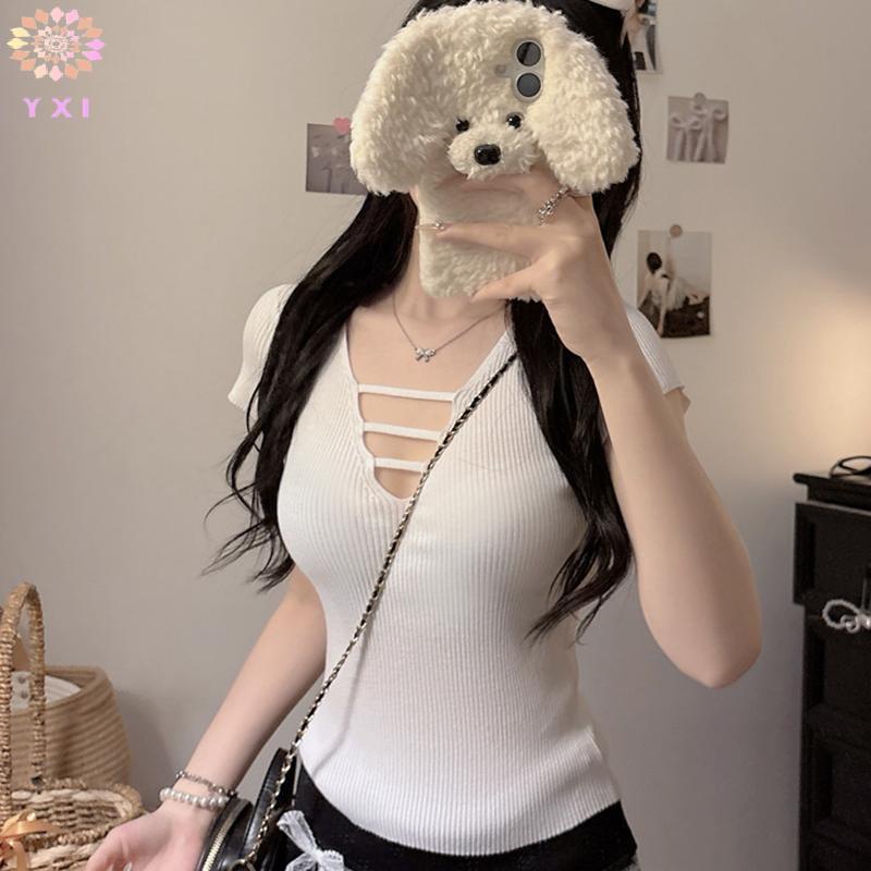 Y.X.I V-ne Ice Silk Áo Thun Tay Ngắn Mùa Hè Gợi Cảm Nữ Thường Ngày Màu Trơn Áo Mới
