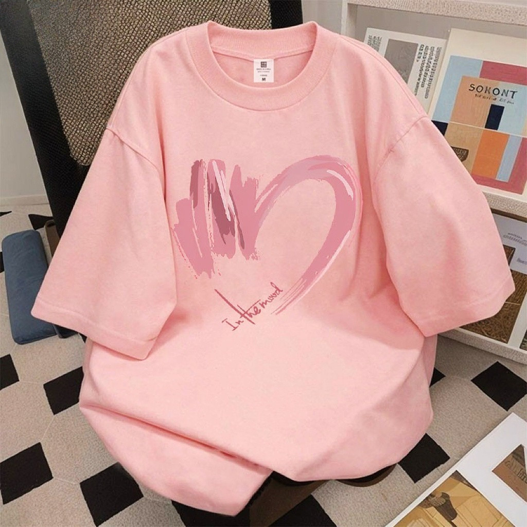 （Giao hàng 24h）Angela Áo thun nữ dáng rộng Unisex mùa hè Họa tiết trái tim in Áo phông Hàn Quốc 100% cotton