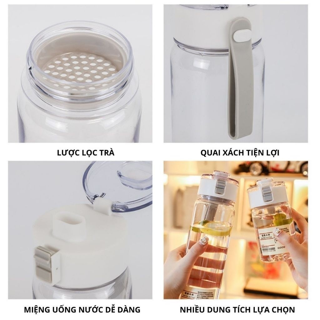 Bình nước thể thao nhựa trong suốt: 350/550/800ml, có ngăn lọc trà, nắp chống tràn