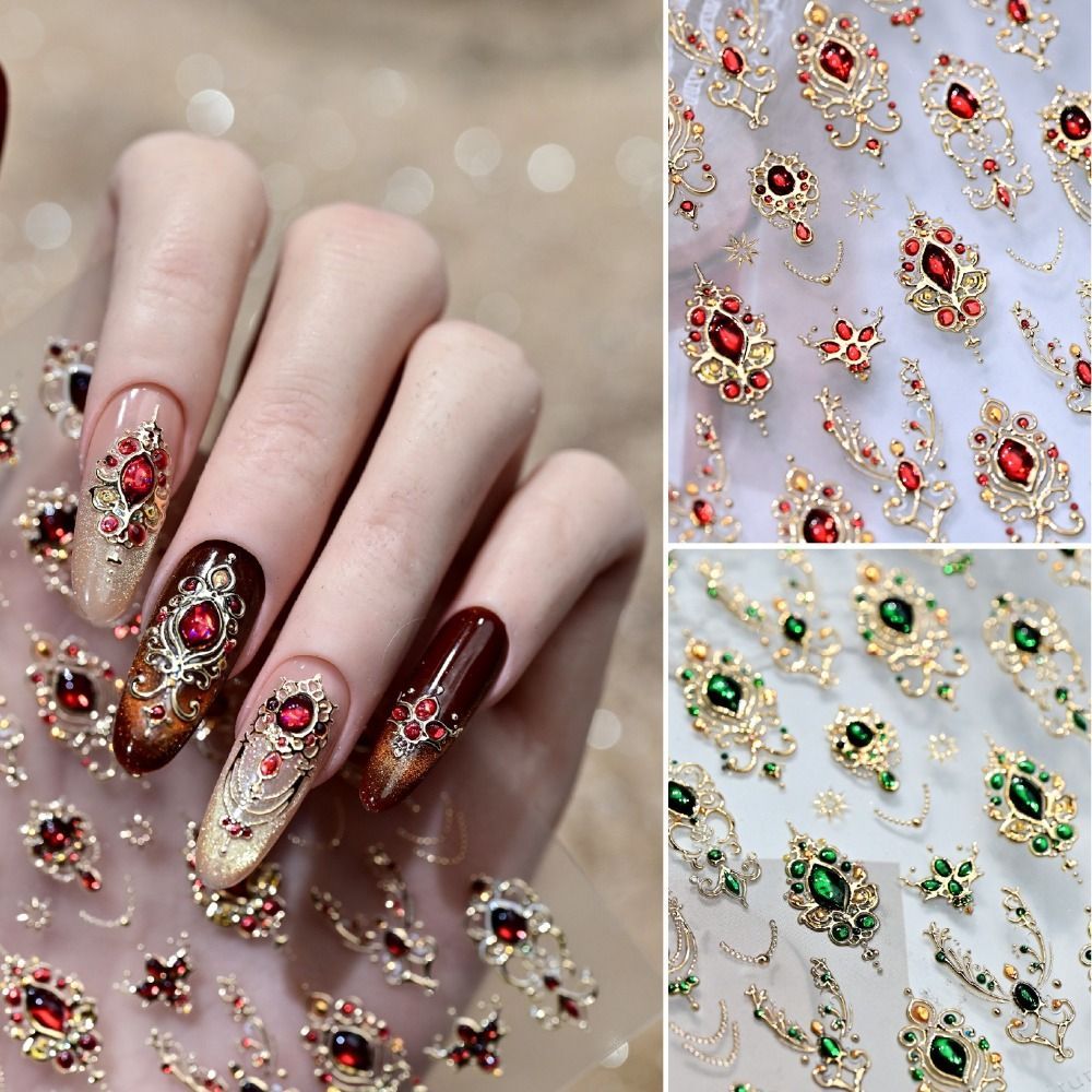 VVDZA 5D Dán Móng Tay, Thiết Kế Sang Trọng Ngọc Lục Bảo Màu Ruby Baroque Scepter Nail, Phong Cách Đỏ Đá Quý Xanh Đá Quý Vàng Scepter Shiny Giả Đá Quý Móng Tay Xmas Nail