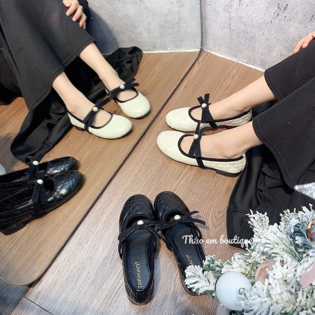 [Thảo Em - BB28] Giày búp bê nữ đế bệt da lì mềm quai nơ đính ngọc sang chảnh [QCCC]