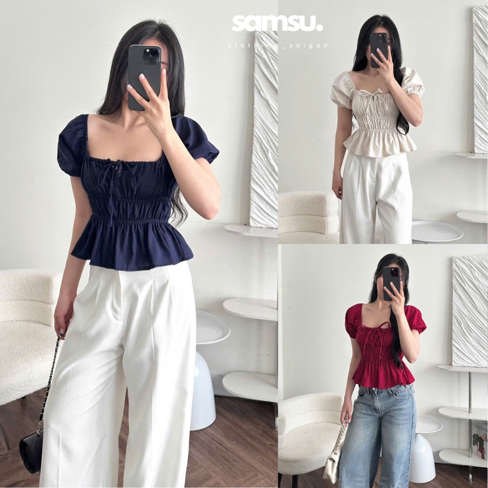 Áo Babydoll Linen Kiểu Xinh Tay Phồng Tiểu Thư Công Chúa Bo Thân Nơ Coquette Ngực Xinh Xắn