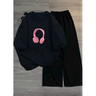 Sét bộ quần  ống rộng cạp chun hack dáng đen + mix áo phông  tay lỡ mùa hè-Hình tai nghe thubaaa