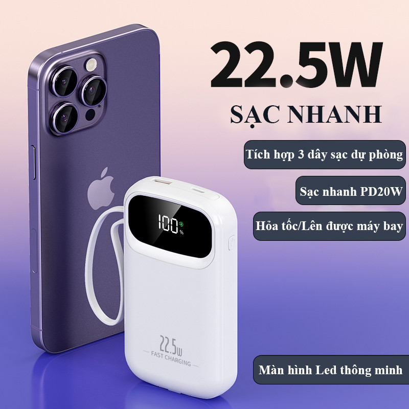 Sạc Dự Phòng 30000mAh Sạc Nhanh PD 22.5W Tự Tích Hợp Dây Đôi Quai Xách Màn Hình LED Đa Năng