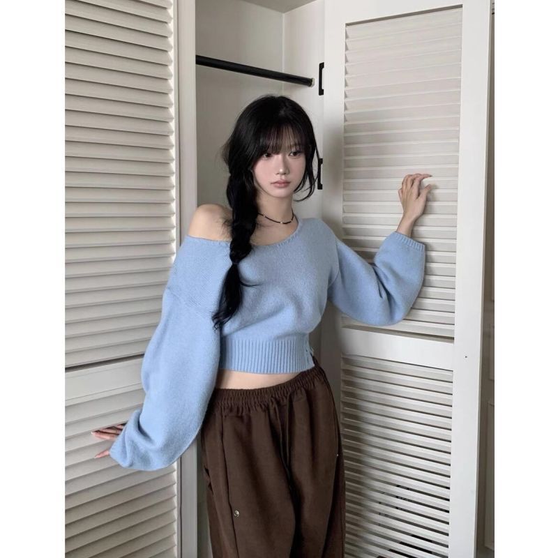 Áo Len Off-The-Shoulder Ngắn Phong Cách Hàn Quốc Cho Thu Đông, Sang Trọng và Thời Thượng
