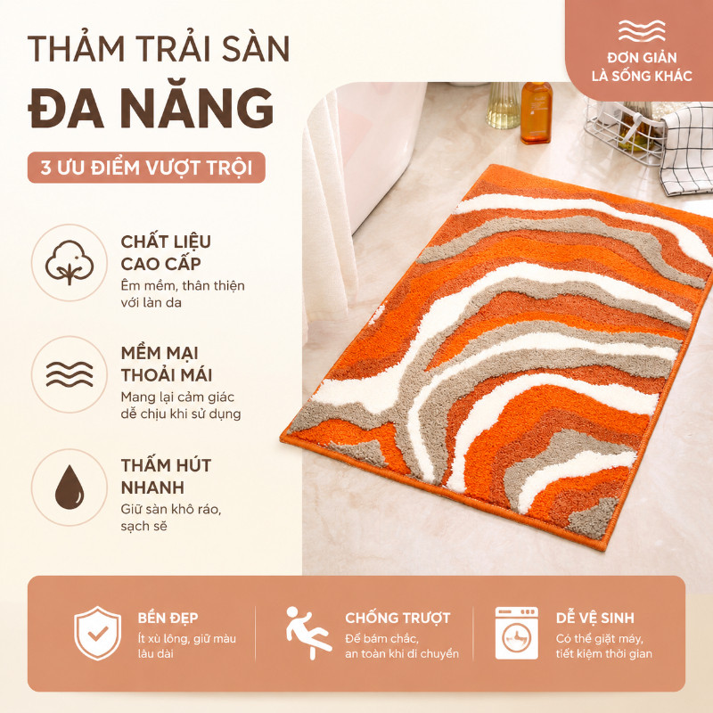 Thảm lau chân thấm nước, thảm chân len lông dày êm, đế cao su chống trượt dùng cho nhà tắm
