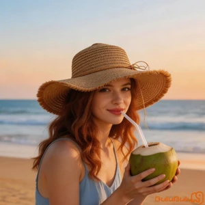 Mũ chống nắng ống hút mùa hè dành cho nữ Vành rộng rỗng Dây thoáng khí Thắt lưng Mũ đi biển