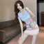 Đầm dây sọc cầu vồng sang trọng cổ vuông ôm eo hẹp Hot Girl
