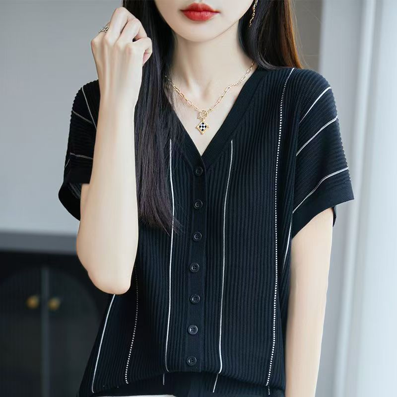 Áo len cổ chữ V sọc phong cách mới nhất mùa hè dành cho nữ | Áo thun ngắn tay nữ dáng ôm hơn, nhẹ nhàng sang trọng che phủ thịt mùa hè, màu sắc tương phản thanh lịch kiểu Pháp