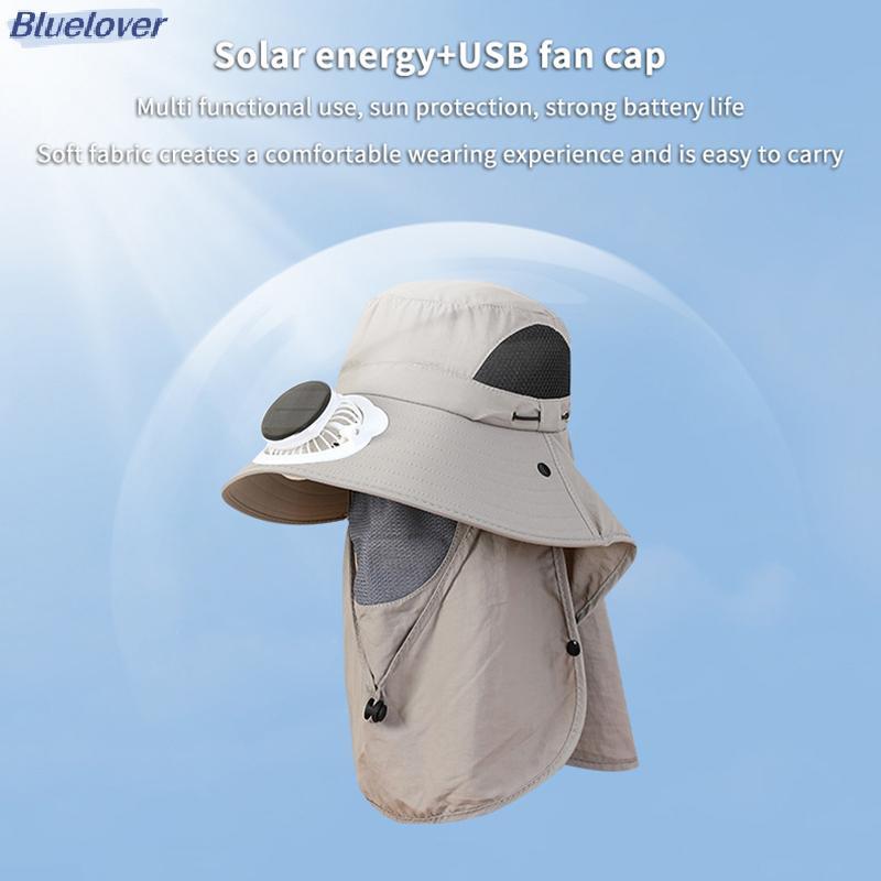 Mũ ngoài trời nam Bluelover có quạt bảng điều khiển năng lượng mặt trời Vành rộng chống tia cực tím Mũ chống nắng để làm vườn và câu cá mới