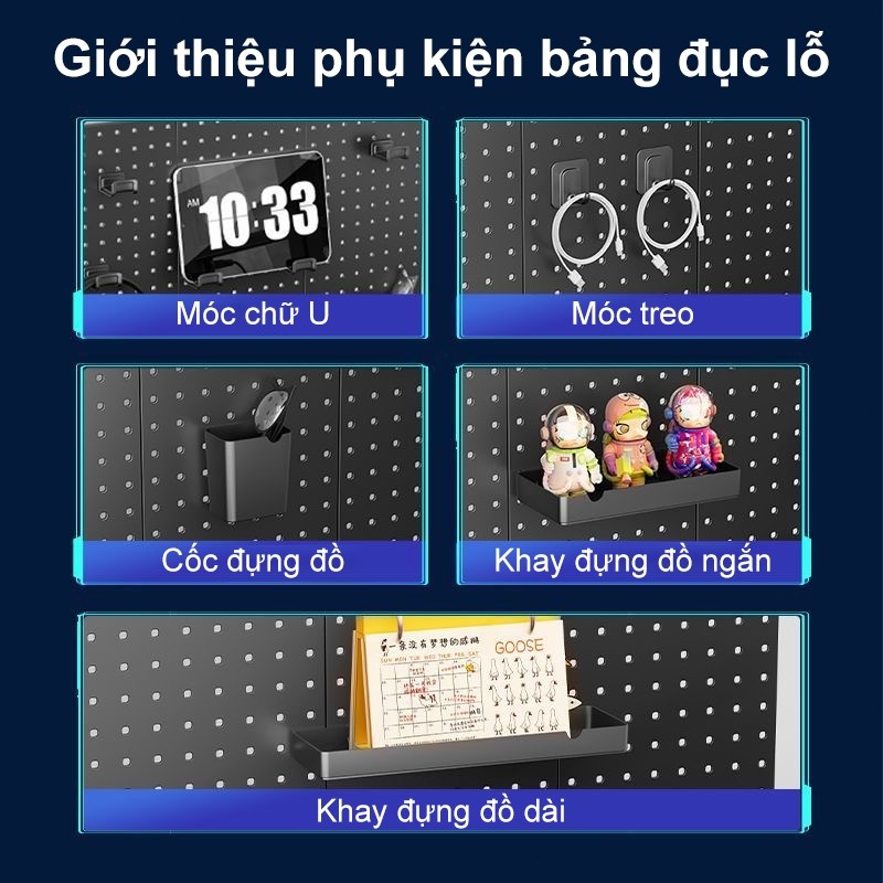 Bảng Pegboard Decor phụ kiện tặng kèm đầy đủ nhựa ABS Kệ Lỗ Treo Tường hút chân không tiện lắp đặt【Không khoan tường】