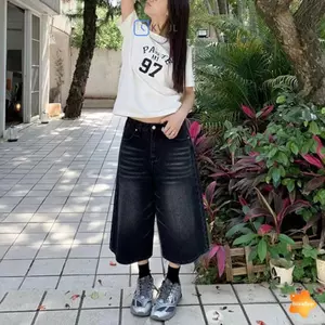 Quần short denim Baggy Y2k cổ điển Quần ống rộng dành cho nữ và nam giới Thời trang eo cao Rửa dài đến đầu gối Quần jean thùng Quần short denim Oversize mới