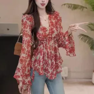 Áo sơ mi voan hoa cổ chữ V cổ điển dành cho nữ mùa xuân hè hẹp mỏng hơn trông đẹp hơn Kem chống nắng hàng đầu