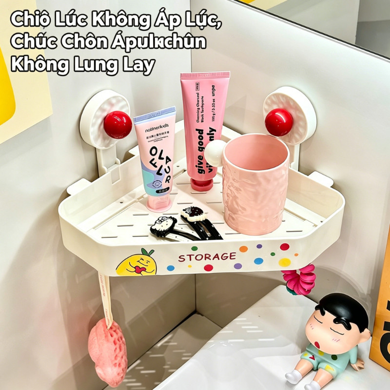 Kệ Đựng Đồ Nhà Tắm Hút Chân Không,Họa Tiết Chấm Bi,Kệ Góc Decor Phòng Tắm,Không Cần Khoan Tường