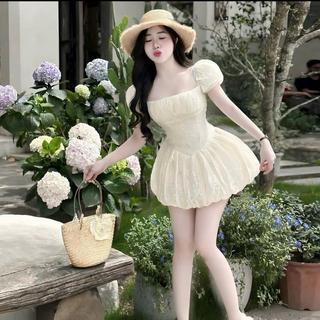 Đầm Tiểu Thư Thêu Hoa Thiết Kế Cổ Vuông Tay Phồng Dáng Bí Bồng Bềnh Ld_Store Fashion