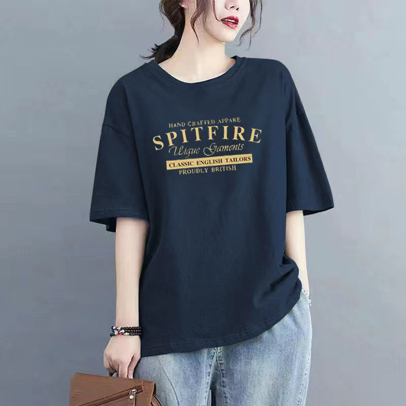 Áo thun bông cotton ngắn tay dành cho nữ, thiết kế cổ tròn dáng rộng, thời trang mùa hè