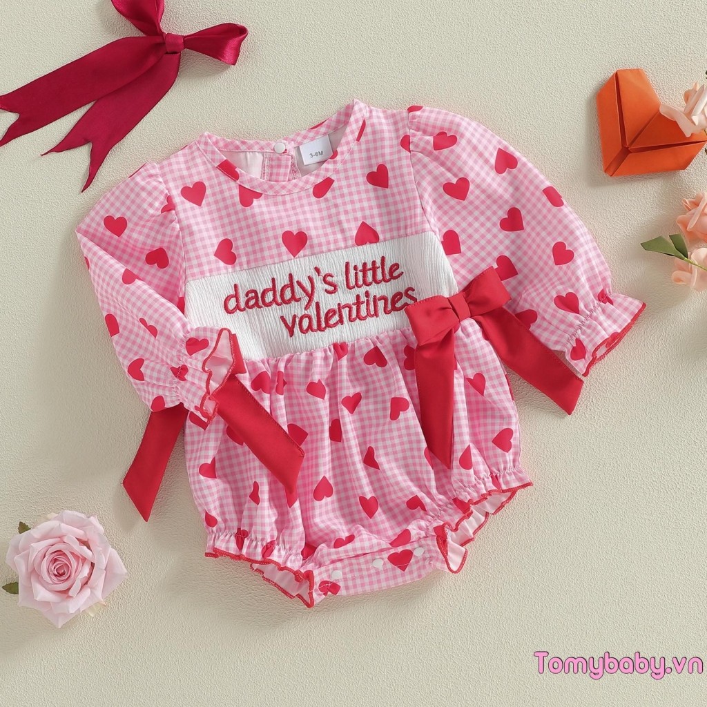 Bé Gái Valentines Áo Liền Quần Rời Phù Hợp Với Chữ Thêu Trái Tim Tình Yêu In Nơ Dài Tay Jumpsuit