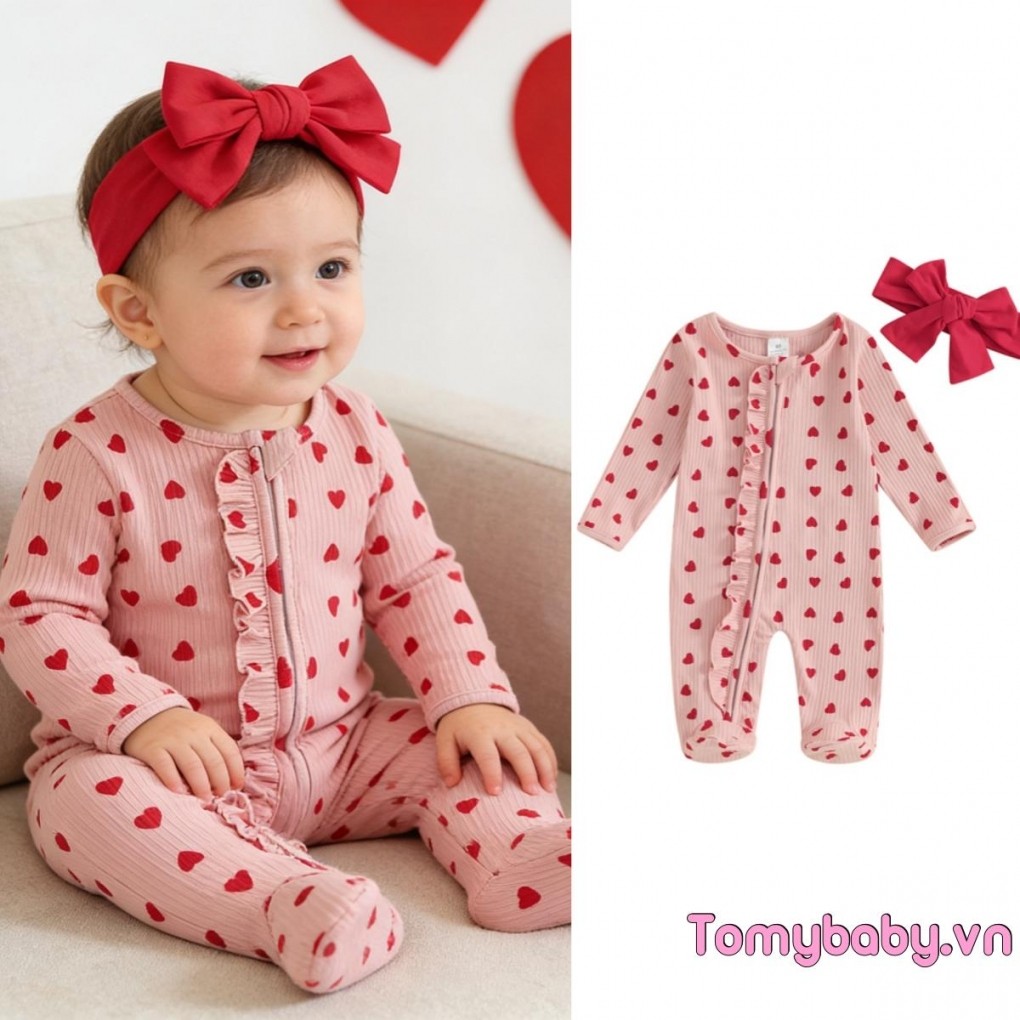 Trẻ Sơ Sinh Bé Gái Ngày Lễ Tình Nhân Áo liền quần Tay Dài Xù In Hình Trái Tim Zip Up Romper Có Nơ Băng Đô