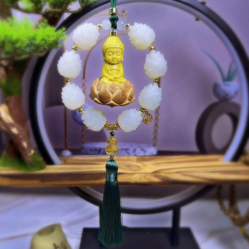 Khánh Treo Ô Tô Phật & Liên Hoa Bằng Gỗ Hoàng Dương - Trang Trí Gương Chiếu Hậu, Mang Lại Bình An & May Mắn
